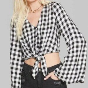 Wild Fable Black and White Plaid Bell Sleeve Crop Top.